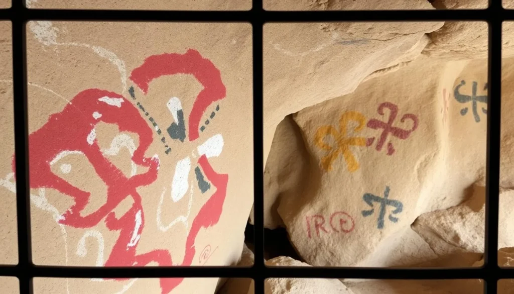 Ancient pictographs in Toquima Cave showing colorful Native American rock art