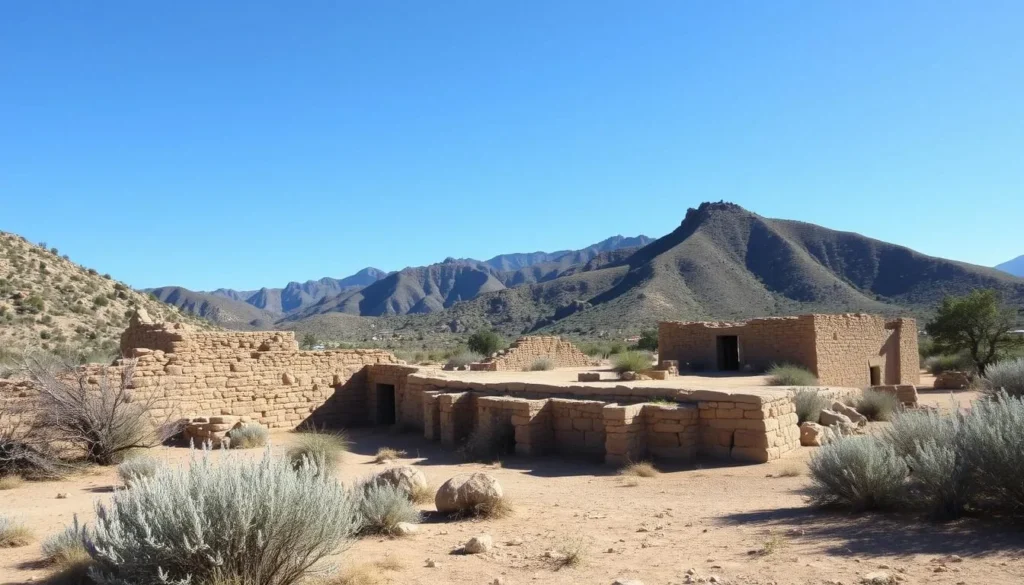 Ancient pueblo ruins near Ojo Caliente showing archaeological remains with mountains in background Ancient pueblo ruins near Ojo Caliente showing archaeological remains with mountains in background