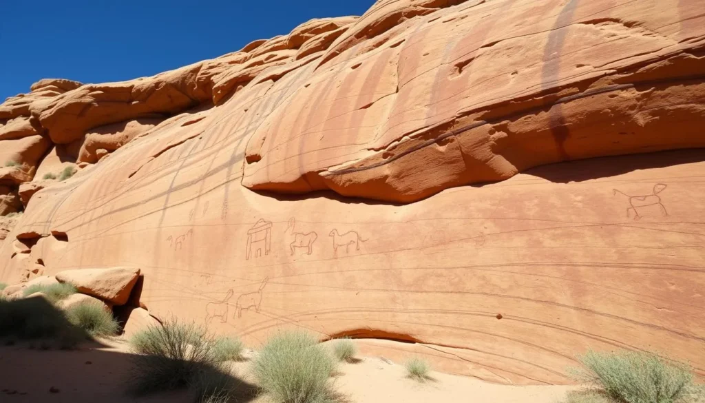 Ancient rock art and petroglyphs on canyon walls at Picture Canyon in Comanche National Grassland