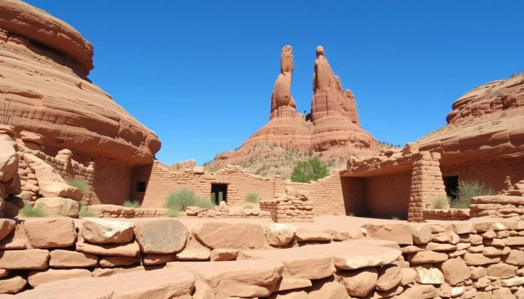 Ancient ruins at Chimney Rock Archaeological Area Colorado with the twin spires visible in background