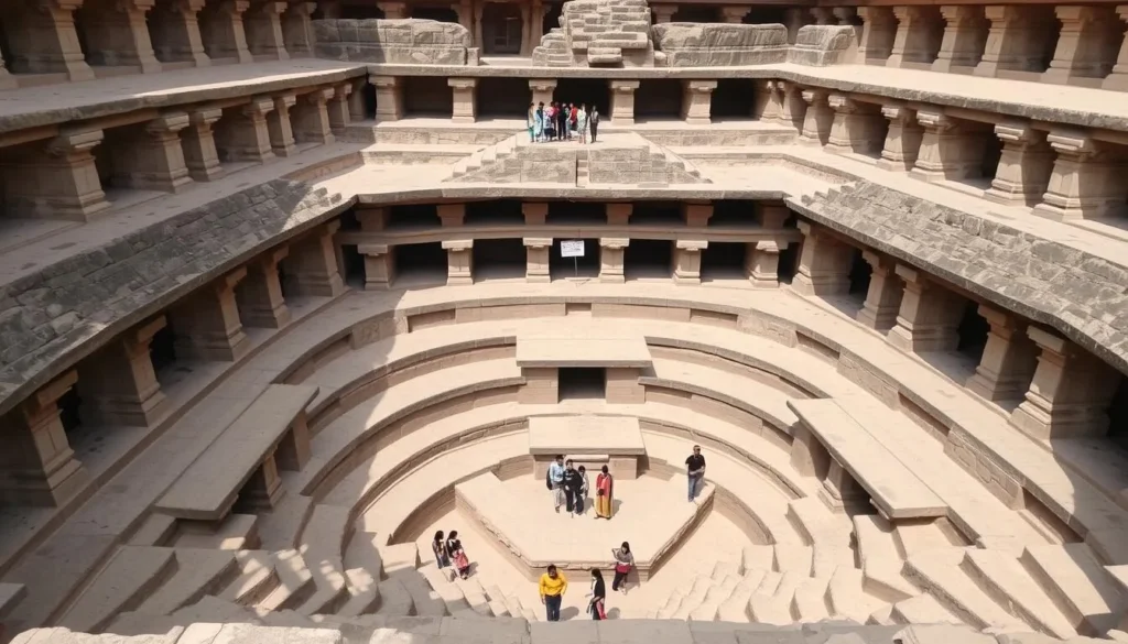Ancient stepwell architecture at Chand Baori in Abhaneri with geometric patterns