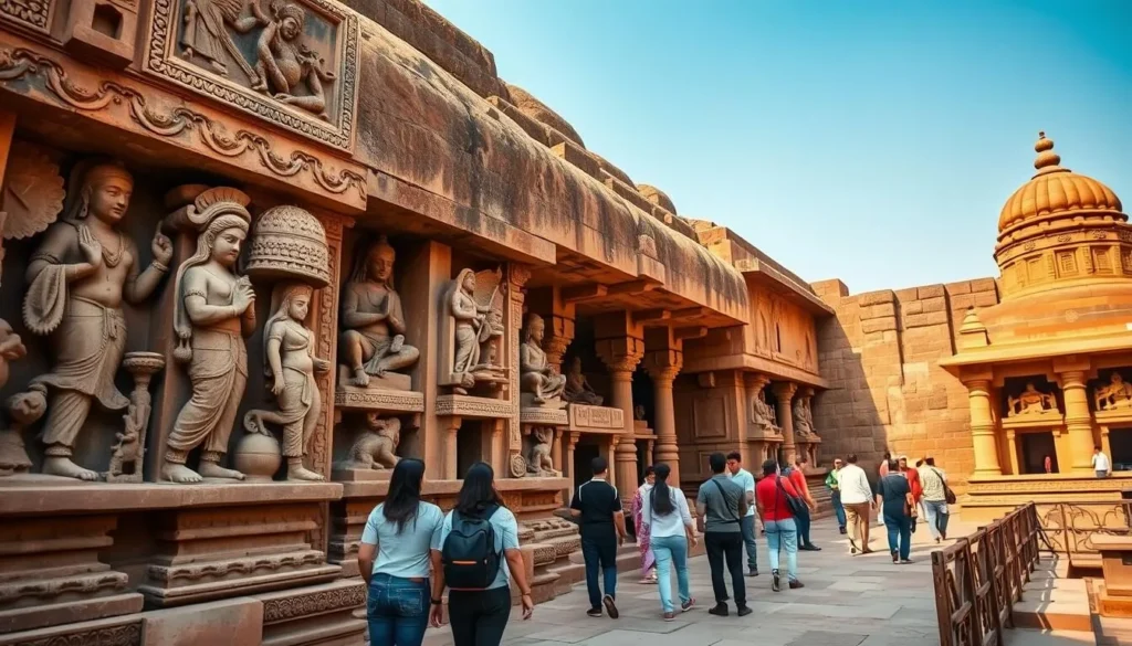 Ancient stone carvings at Khajuraho temples showing intricate sculptures and architecture