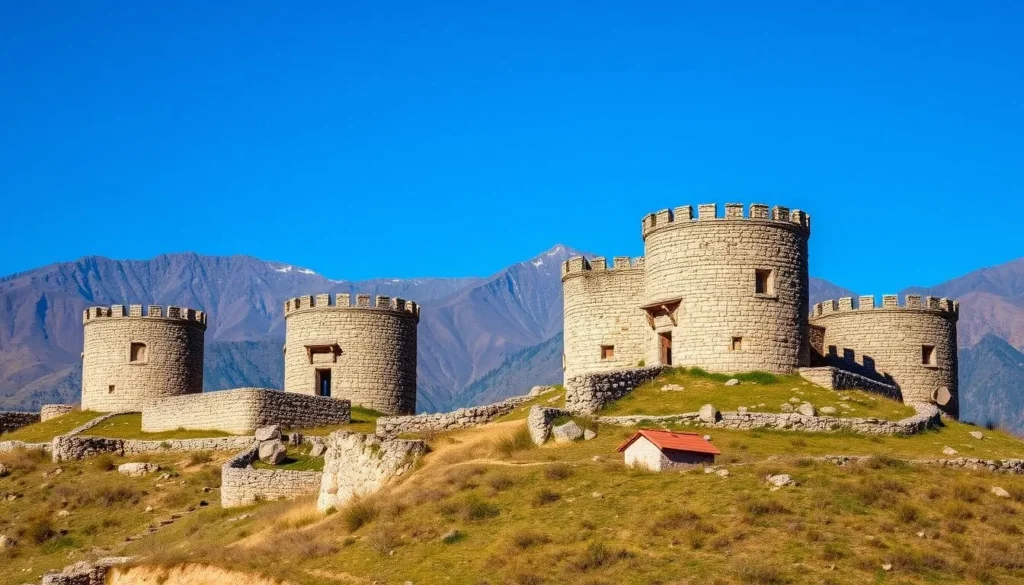 Ancient stone towers in Erzi, Ingushetia with mountains in the background Ancient stone towers in Erzi, Ingushetia with mountains in the background