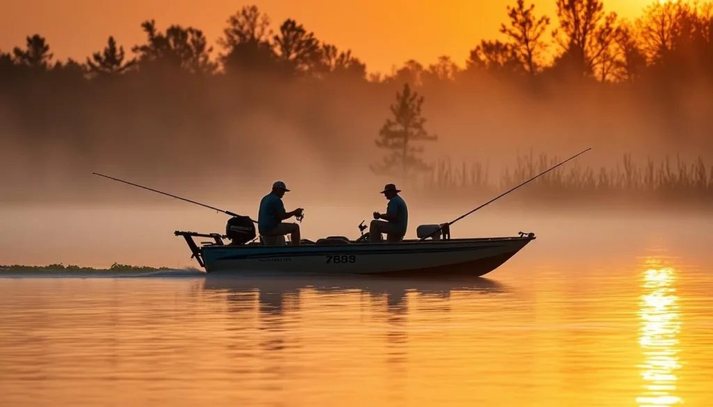 Anglers fishing for bass on Toledo Bend Lake at sunrise in Sabine Uplift, Louisiana