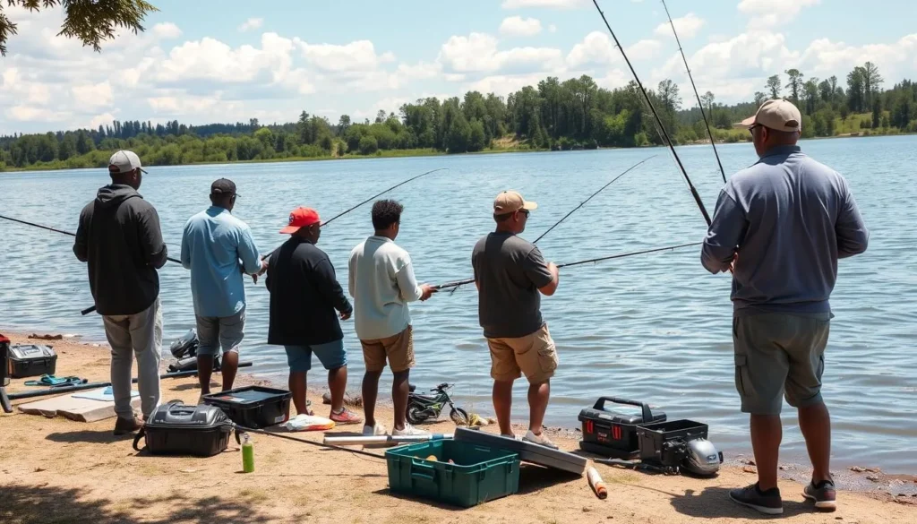 Anglers fishing from the shore of Powerton Lake with fishing gear