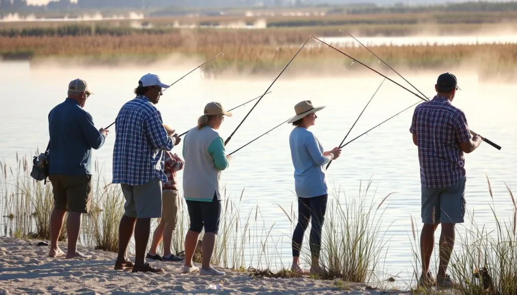 Anglers fishing from the shoreline at Shell Beach with marsh grasses in background