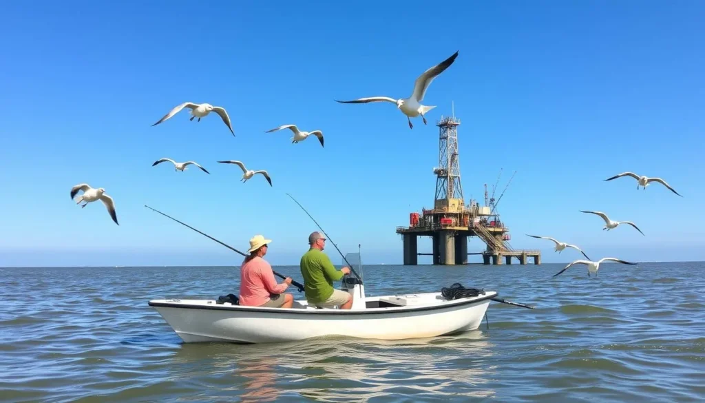 Anglers fishing near an oil platform in Timbalier Bay with birds diving for bait fish nearby