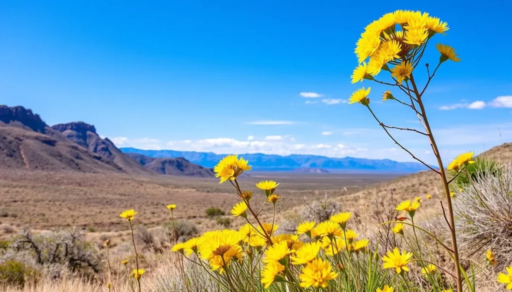Arapaho National Wildlife Refuge in August with vibrant yellow Rabbit Brush in bloom against blue sky Arapaho National Wildlife Refuge in August with vibrant yellow Rabbit Brush in bloom against blue sky