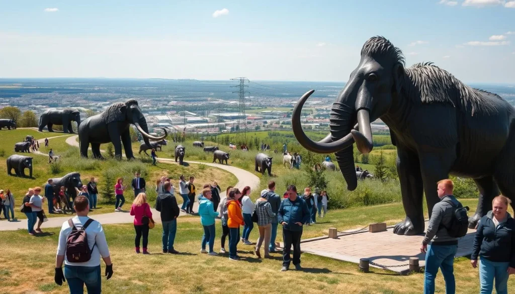 Archeopark in Khanty-Mansiysk showing mammoth sculptures with visitors exploring Archeopark in Khanty-Mansiysk showing mammoth sculptures with visitors exploring