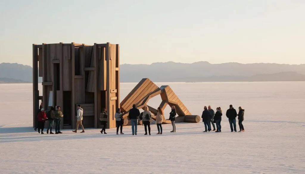 Art installation on the Black Rock Desert Playa with people interacting with the artwork