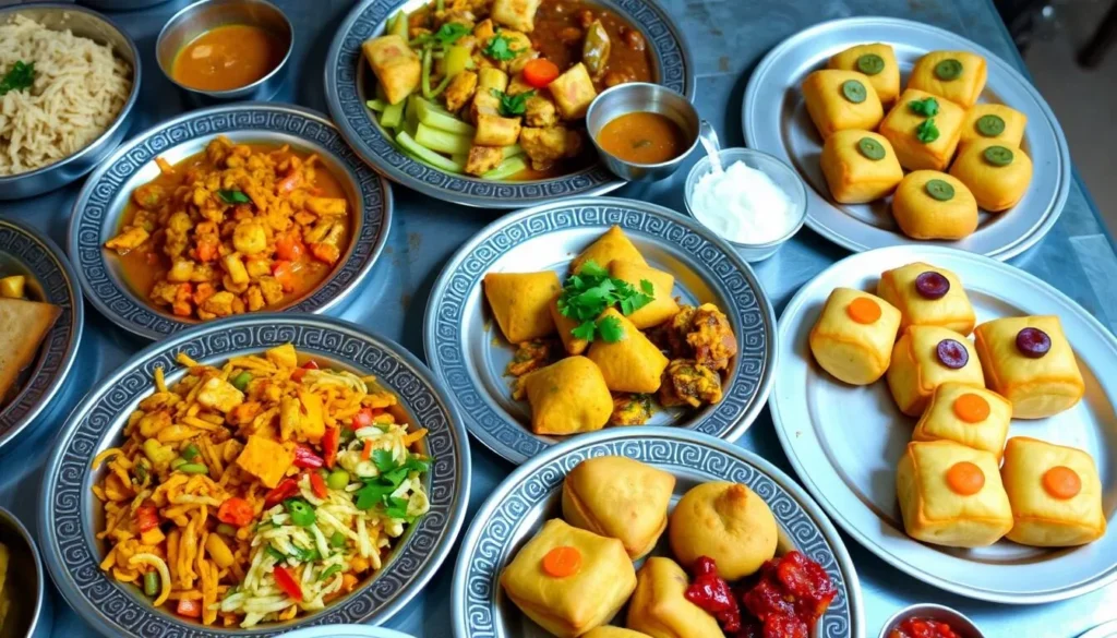 Assortment of colorful Indian street food dishes including chaat, samosas, and sweets
