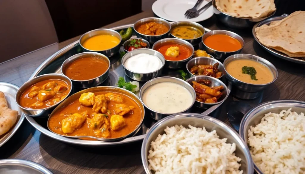 Assortment of colorful North Indian dishes including curries, breads, and rice on a traditional thali