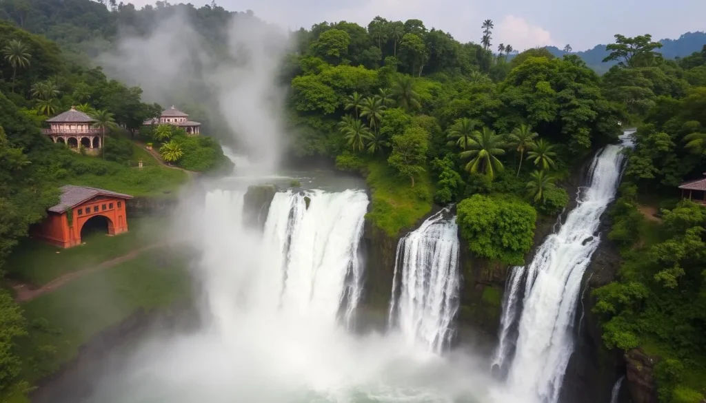 Athirappilly Falls cascading through lush forest with rainbow visible in the mist