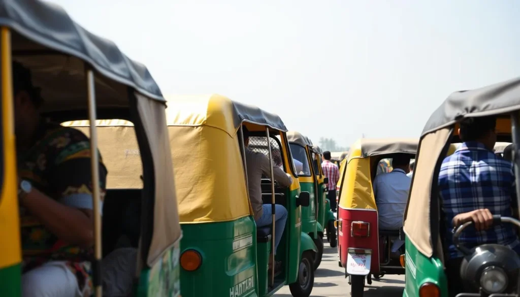 Auto-rickshaws lined up at a popular tourist spot in Bhubaneswar with diverse tourists