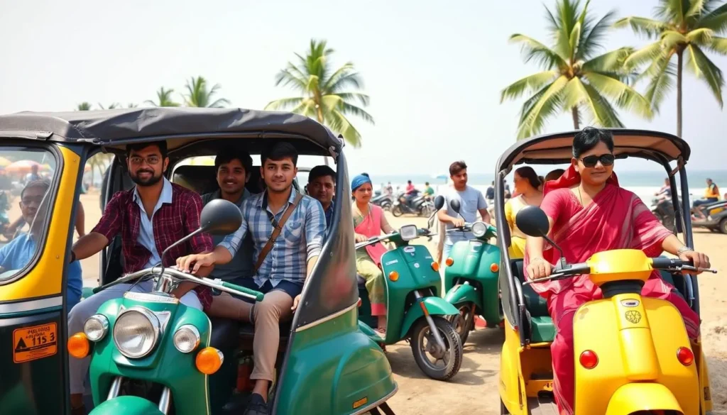 Auto-rickshaws parked near Gokarna Beach with diverse tourists renting scooters