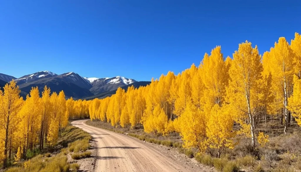 Autumn colors along the Flat Tops Trail Scenic Byway with golden aspen trees and mountain views Autumn colors along the Flat Tops Trail Scenic Byway with golden aspen trees and mountain views
