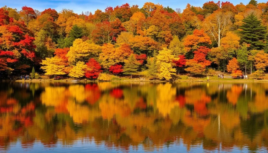 Autumn colors at Ramsey Lake State Park with red and orange foliage reflecting in the lake Autumn colors at Ramsey Lake State Park with red and orange foliage reflecting in the lake