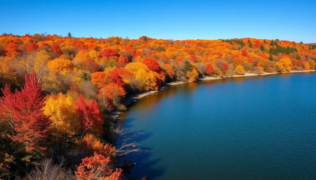 Autumn colors at Rock Cut State Park with vibrant red and gold foliage along the shoreline Autumn colors at Rock Cut State Park with vibrant red and gold foliage along the shoreline