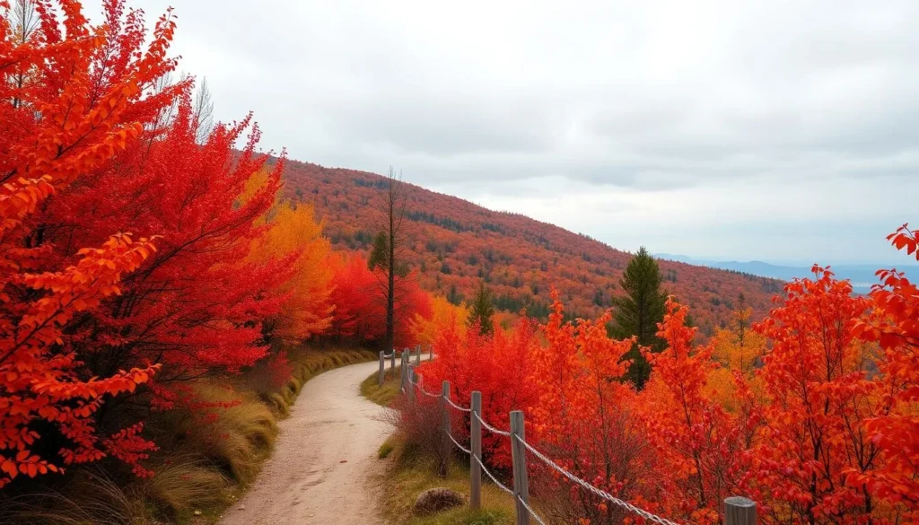 Autumn colors in Primorsky Krai with vibrant red and orange foliage along a hiking trail Autumn colors in Primorsky Krai with vibrant red and orange foliage along a hiking trail