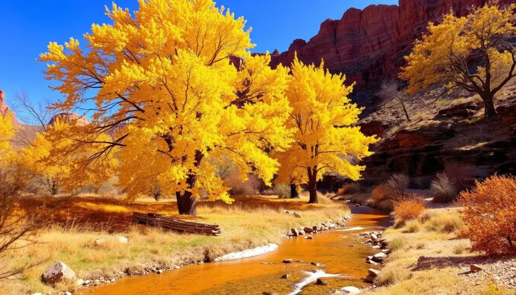 Autumn colors in Sycamore Canyon with sycamore trees displaying yellow and orange foliage