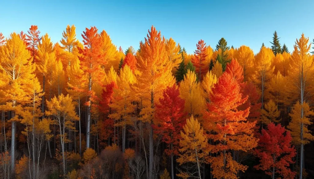 Autumn colors in the Komi Republic forests with golden and red foliage