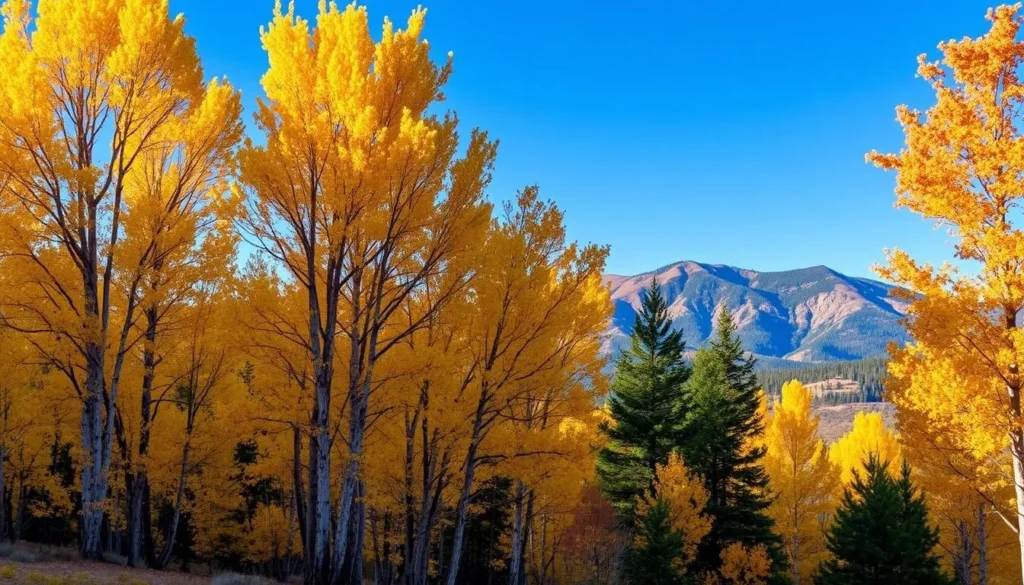 Autumn colors in the Sacramento Mountains with golden aspen trees and mountain views Autumn colors in the Sacramento Mountains with golden aspen trees and mountain views
