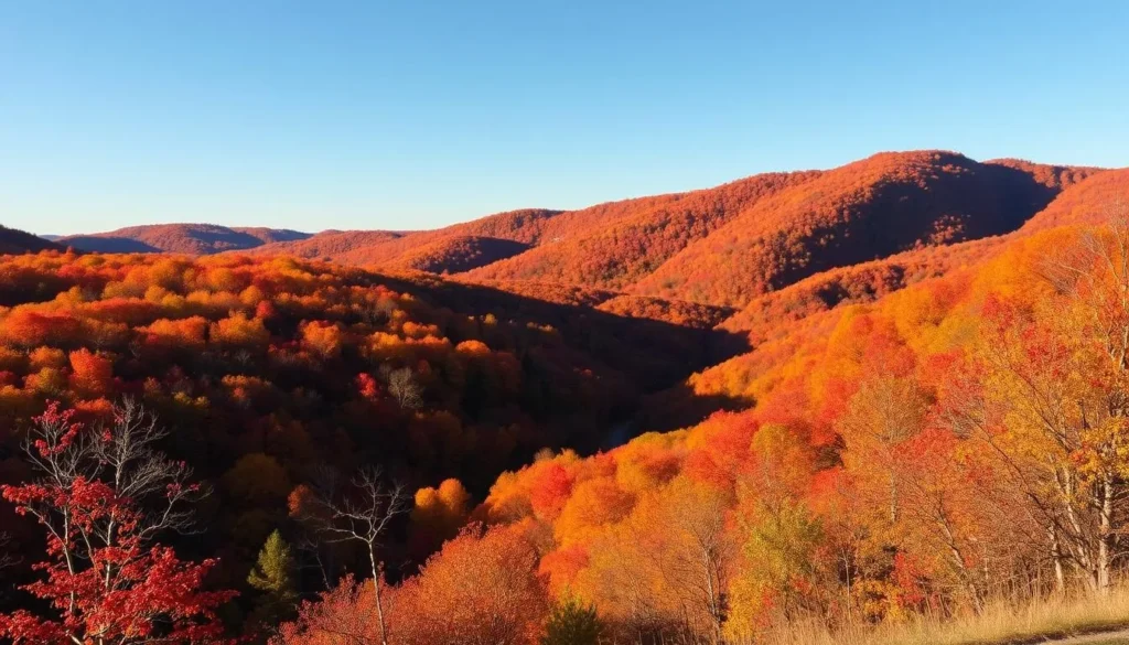Autumn colors in the Tunica Hills with vibrant red and orange foliage along the scenic byway
