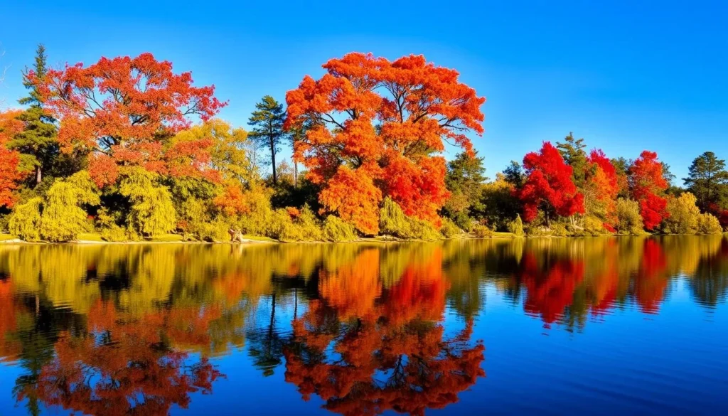 Autumn scene at Palmetto Island State Park Louisiana with colorful foliage reflected in calm water Autumn scene at Palmetto Island State Park Louisiana with colorful foliage reflected in calm water