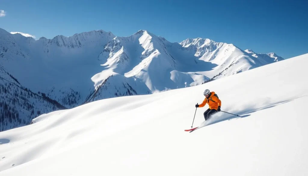 Backcountry skier in pristine powder with mountain views in Irwin