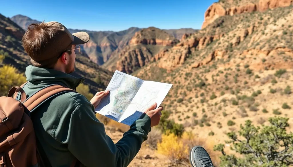 Backpacker checking a paper map while hiking in Dominguez Canyon Backpacker checking a paper map while hiking in Dominguez Canyon