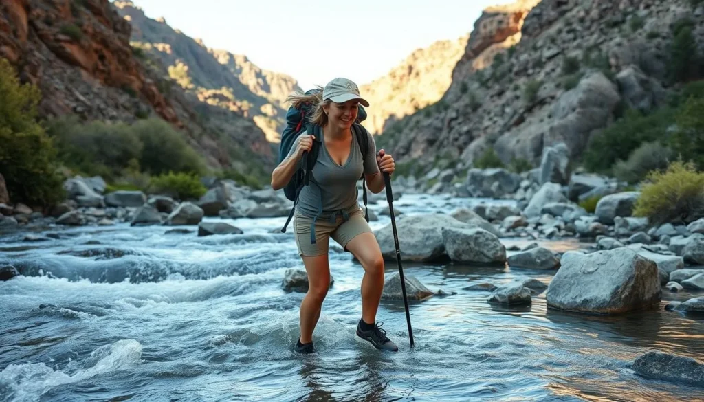 Backpacker crossing the Gila River safely with proper equipment
