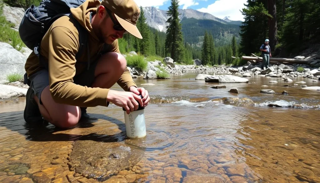 Backpacker filtering water from a stream in Arc Dome Wilderness