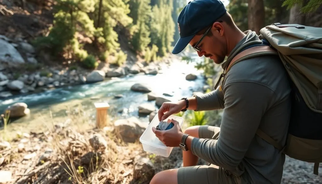 Backpacker practicing Leave No Trace principles near Sykes Hot Springs California Backpacker practicing Leave No Trace principles near Sykes Hot Springs California