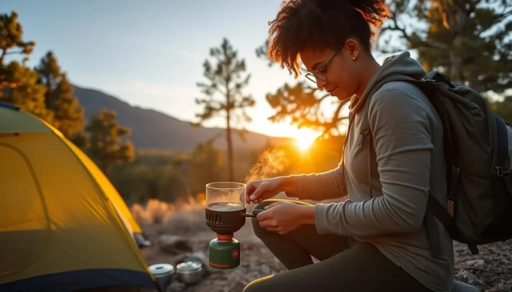 Backpacker preparing a meal at campsite near Jordan Hot Springs