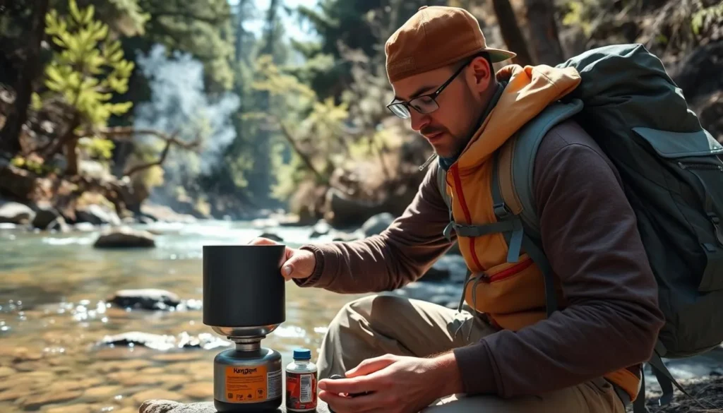 Backpacker preparing a meal by the Big Sur River near Sykes Hot Springs California Backpacker preparing a meal by the Big Sur River near Sykes Hot Springs California