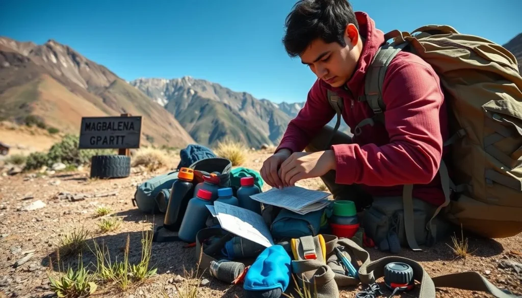 Backpacker preparing gear for a hike in the Magdalena Mountains Backpacker preparing gear for a hike in the Magdalena Mountains