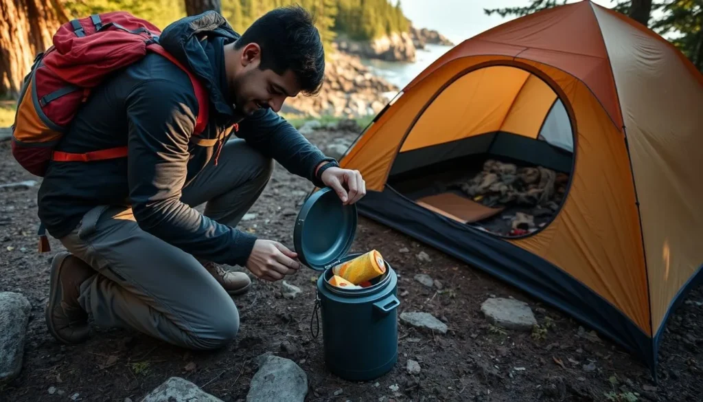 Backpacker using proper food storage techniques with a bear canister at Sinkyone Wilderness State Park Backpacker using proper food storage techniques with a bear canister at Sinkyone Wilderness State Park