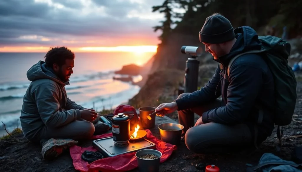 Backpackers preparing a meal at sunset with ocean views at Sinkyone Wilderness State Park Backpackers preparing a meal at sunset with ocean views at Sinkyone Wilderness State Park