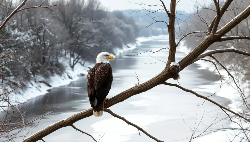 Bald eagle perched on tree branch overlooking frozen Illinois River Bald eagle perched on tree branch overlooking frozen Illinois River