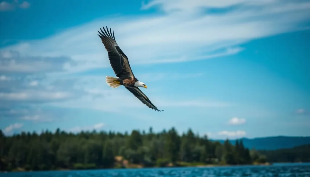 Bald eagle soaring over Powerton Lake with wings spread