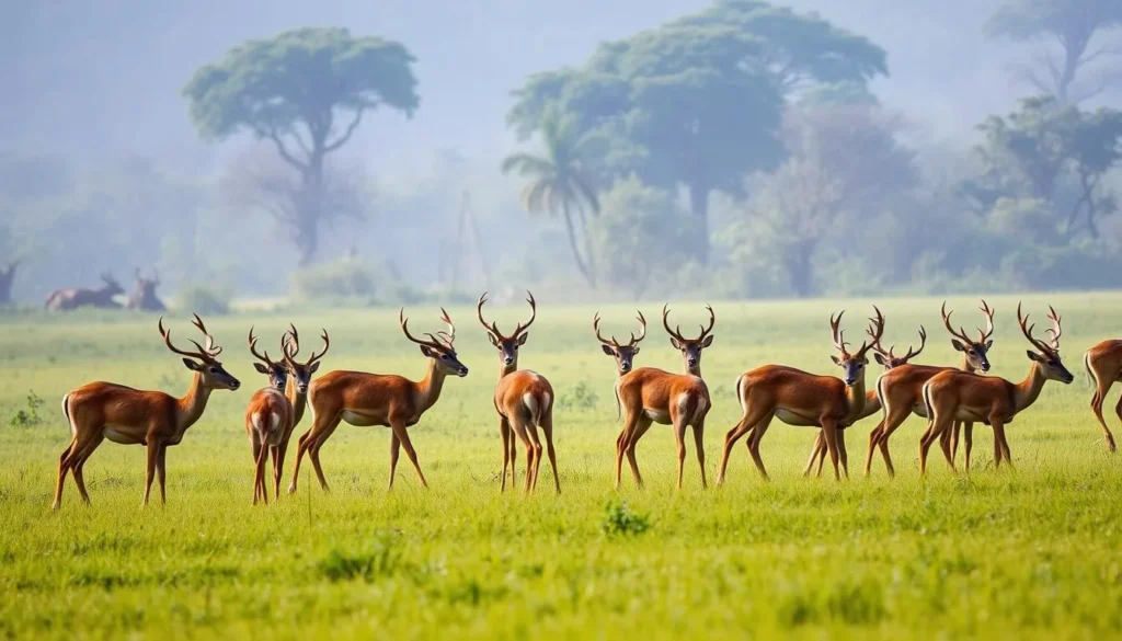 Barasingha (swamp deer) herd grazing in Kanha meadow