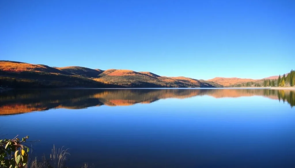 Barr Lake State Park in autumn with colorful foliage and calm water