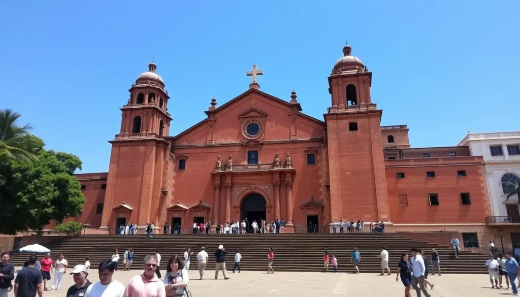 Basilica of Bom Jesus in Old Goa with its distinctive red laterite stone facade