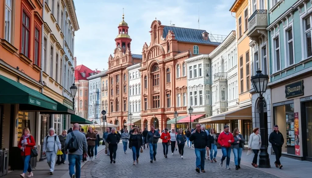Bauman Street pedestrian zone in Kazan with historic buildings, shops, and street performers Bauman Street pedestrian zone in Kazan with historic buildings, shops, and street performers