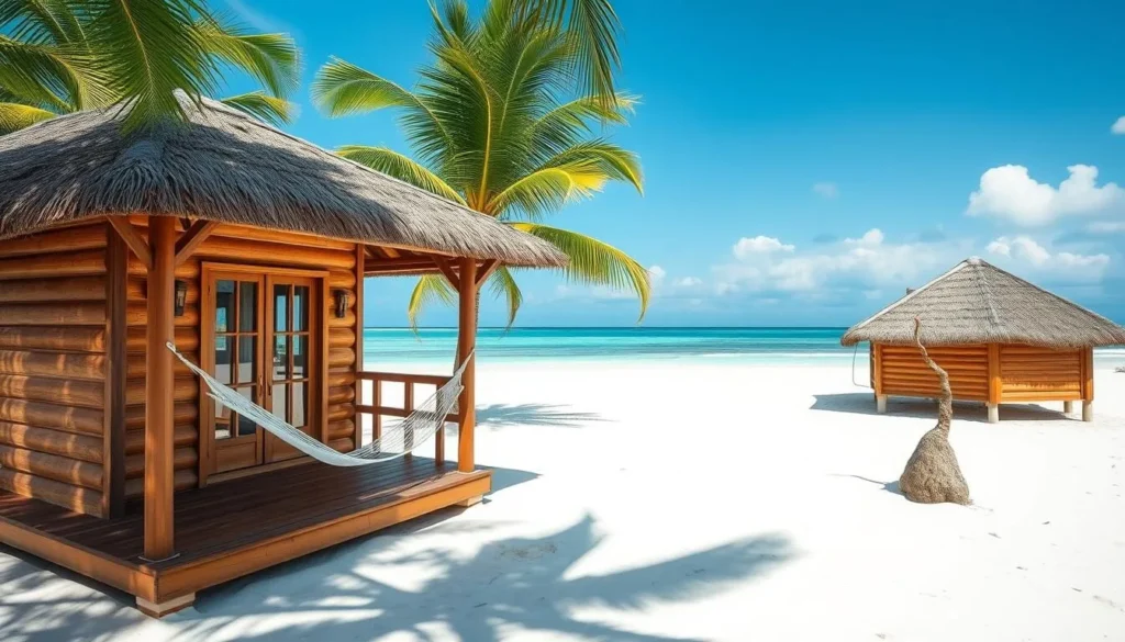 Beach cottage accommodation in Lakshadweep with palm trees and ocean view