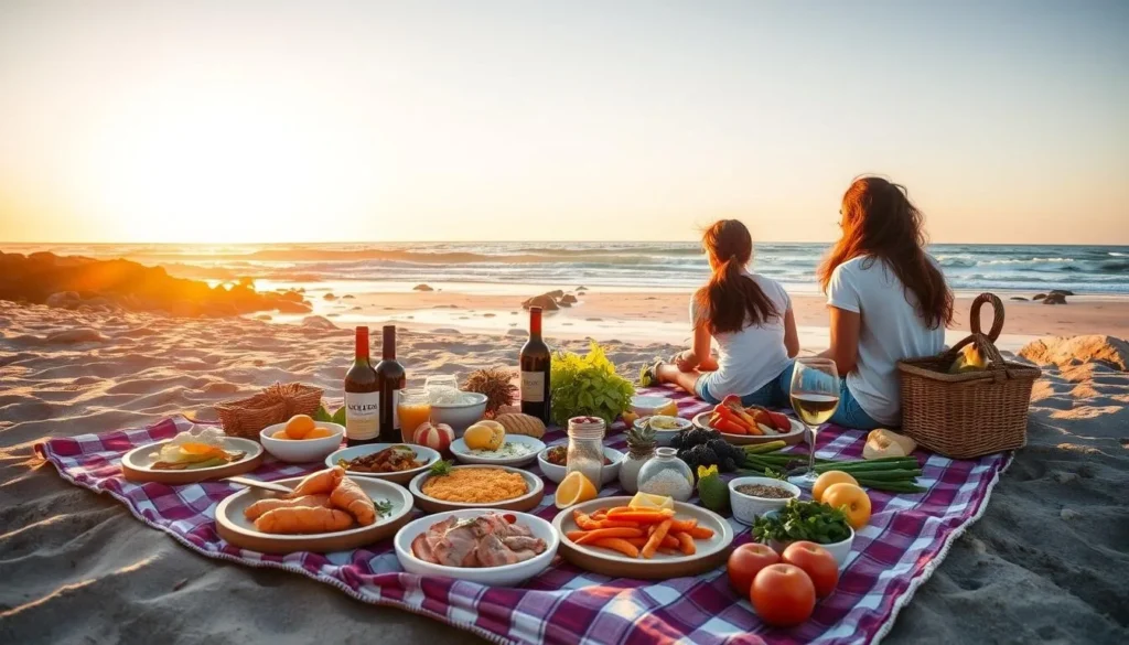 Beach picnic setup with local seafood and fresh produce at sunset Beach picnic setup with local seafood and fresh produce at sunset