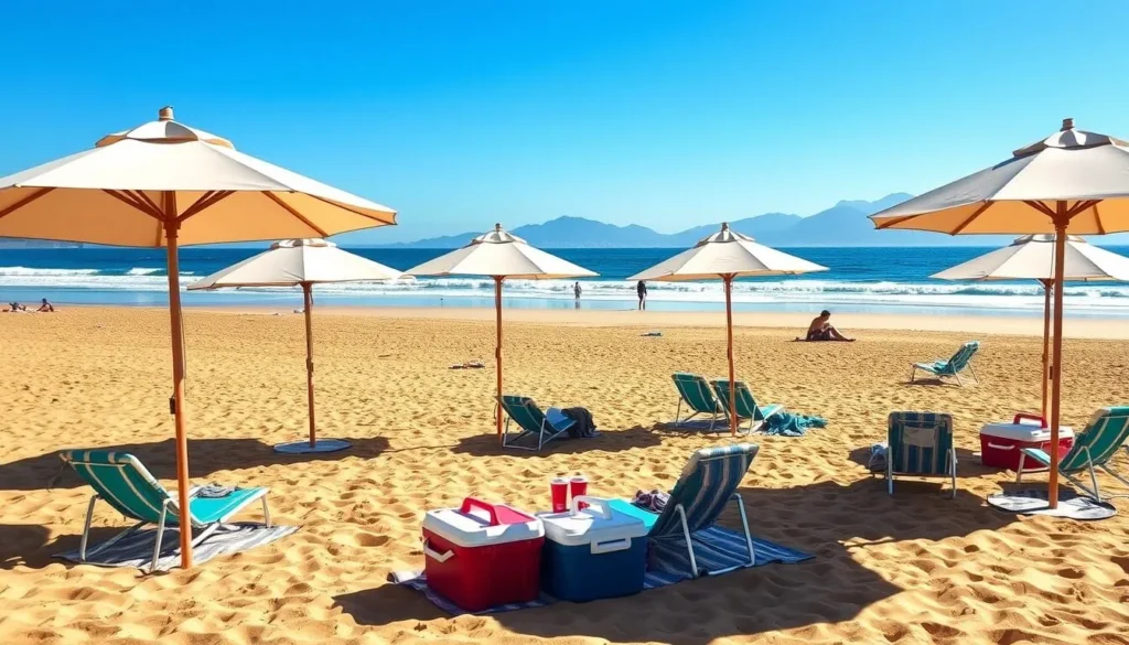 Beach setup at Zuma Beach with umbrellas, chairs, and coolers