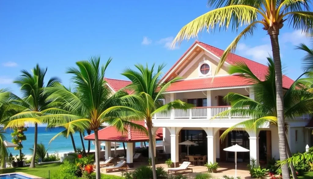 Beachfront accommodation in Cabarete with palm trees and ocean view