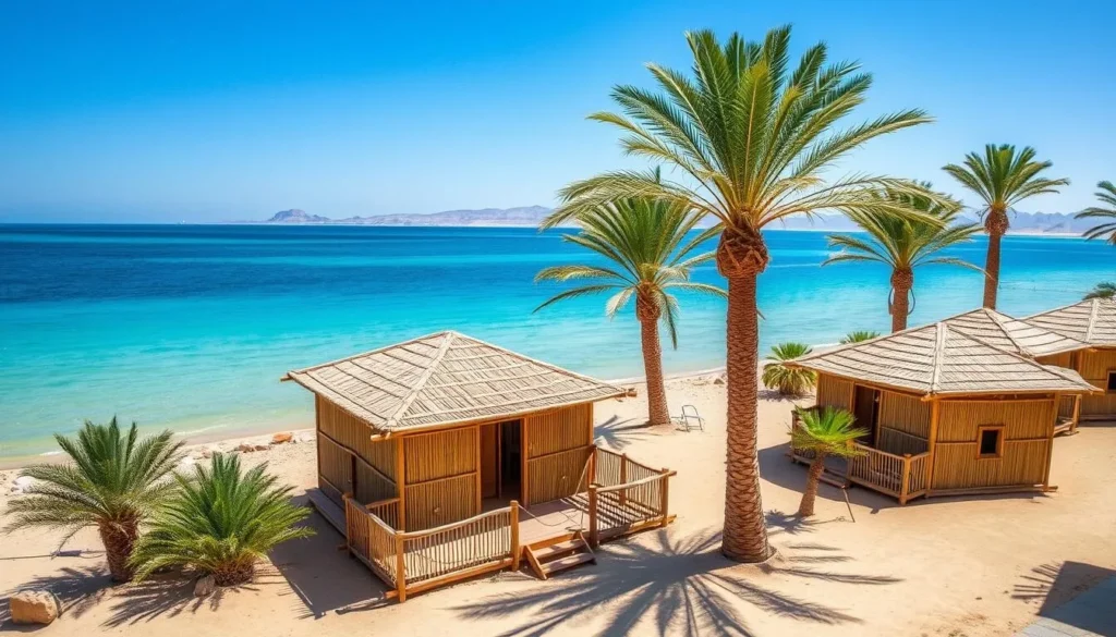 Beachfront accommodation in Nuweiba showing traditional Bedouin-style huts along the Red Sea
