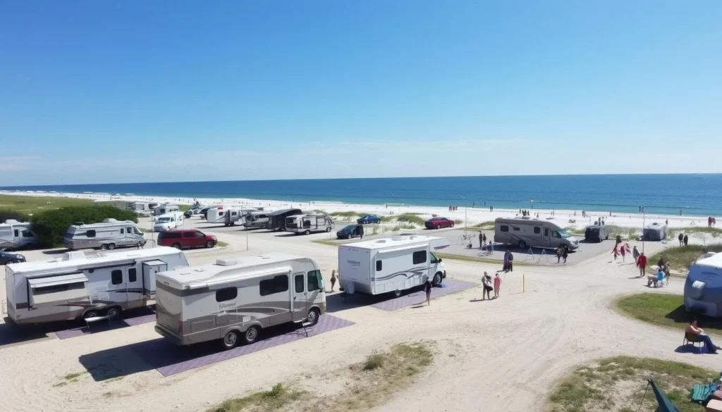 Beachfront camping at Grand Isle State Park with RVs parked near the Gulf shore Beachfront camping at Grand Isle State Park with RVs parked near the Gulf shore